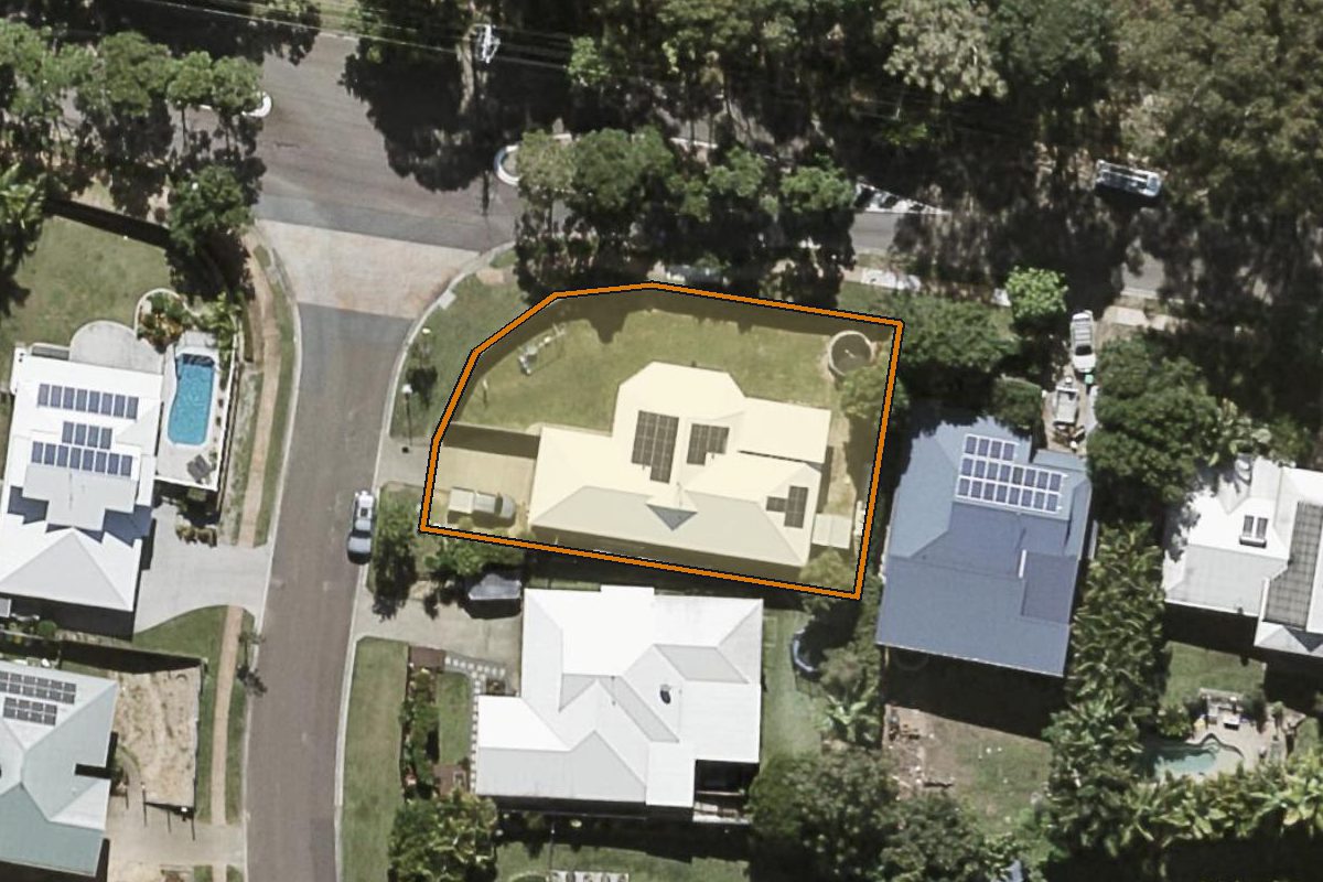 Aerial photo of 1 Old Orchard Drive, Palmwoods QLD 4555 with the lot boundary outlined in amber