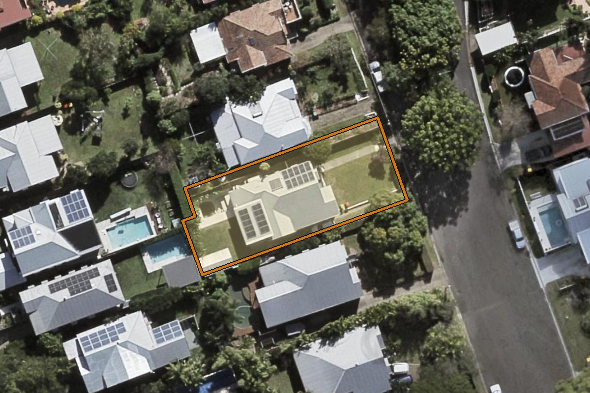 Aerial photo of 10 Findlay Street, Ashgrove QLD 4060 with the lot boundary outlined in amber