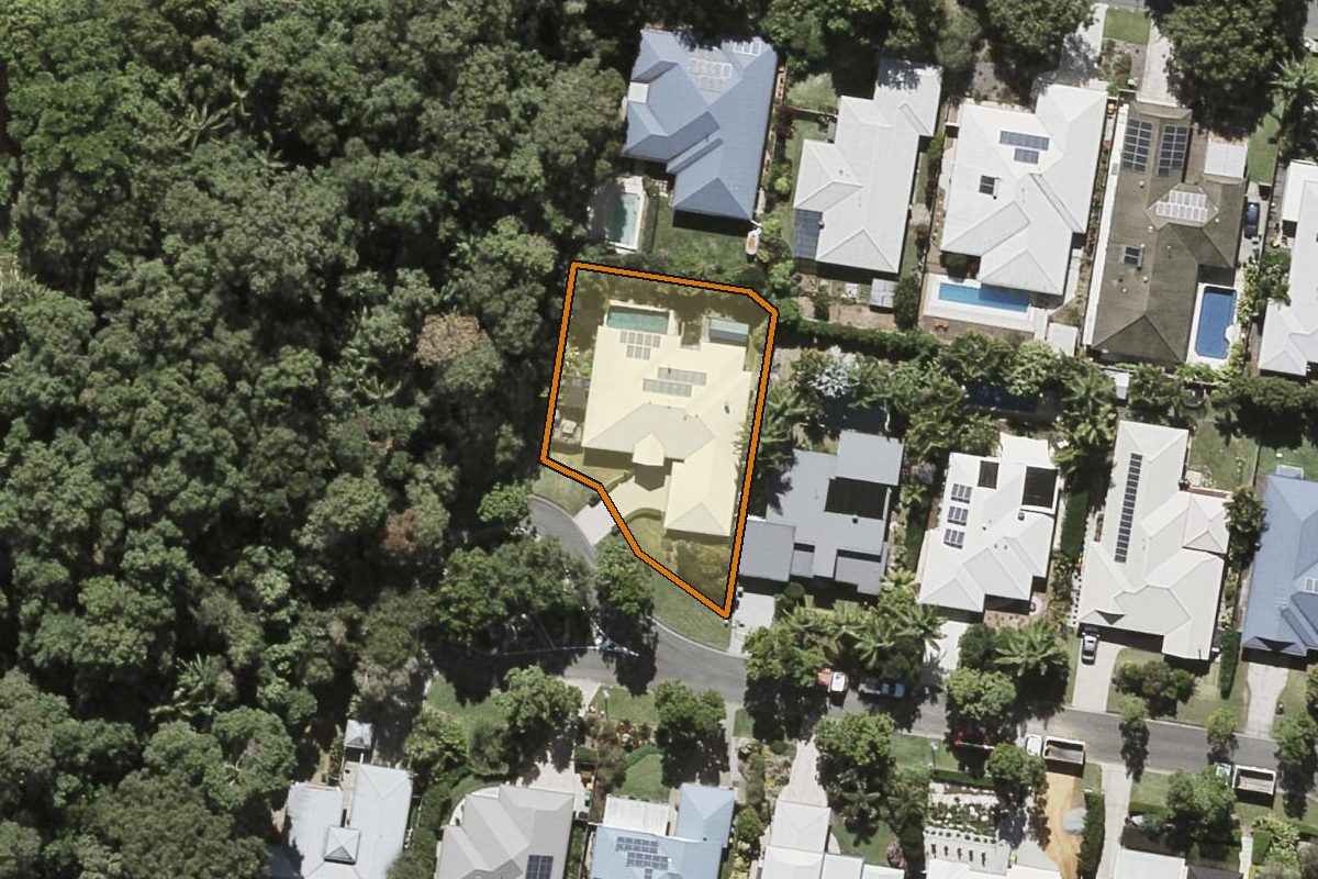 Aerial photo of 10 Red Ash Court, Palmwoods QLD 4555 with the lot boundary outlined in amber