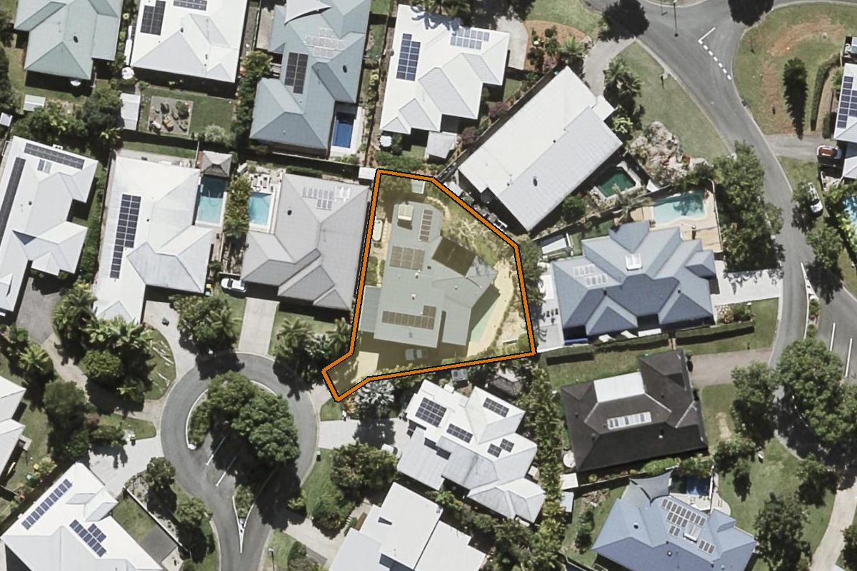 Aerial photo of 10 Ridge Vista Court, Palmwoods QLD 4555 with the lot boundary outlined in amber