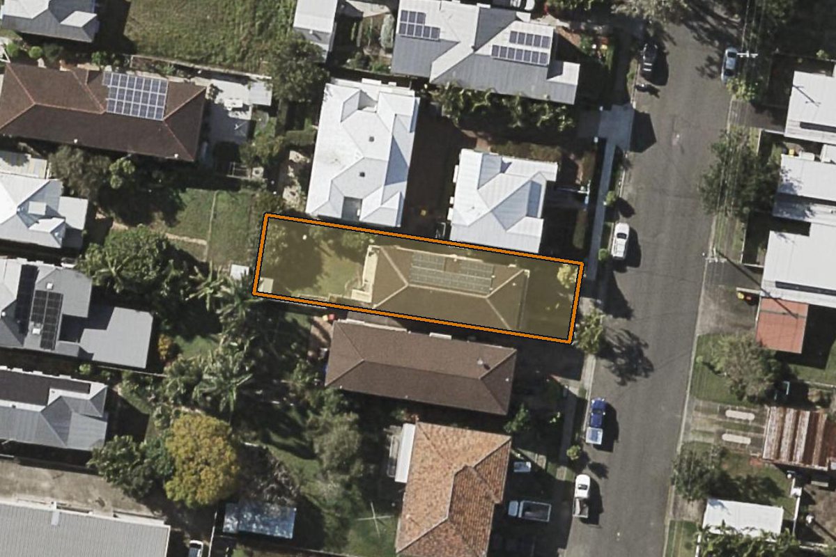 Aerial photo of 13 Florrie Street, Lutwyche QLD 4030 with the lot boundary outlined in amber