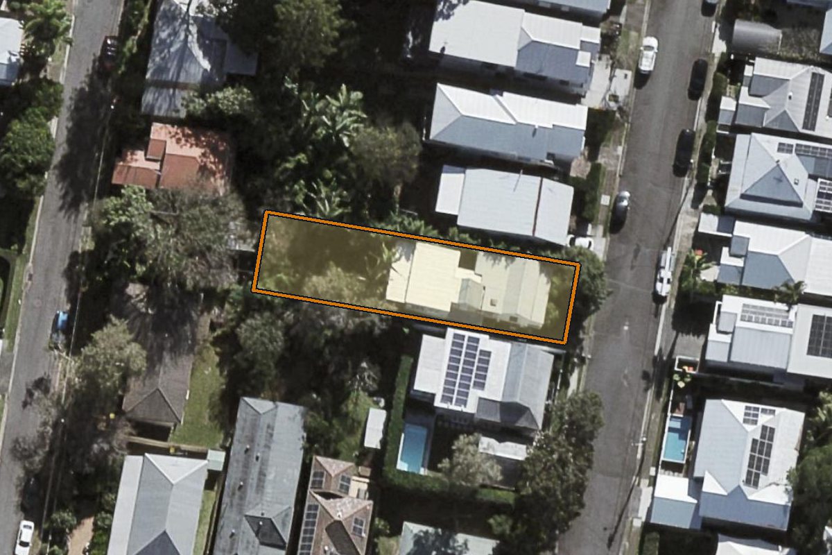 Aerial photo of 14 Gladstone Street, Paddington QLD 4064 with the lot boundary outlined in amber