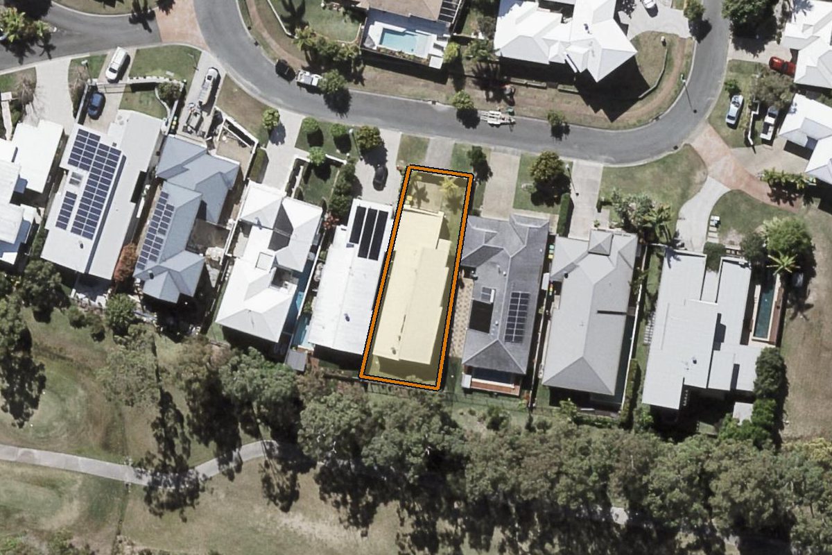 Aerial photo of 14A Ironhurst Place, Peregian Springs QLD 4573 with the lot boundary outlined in amber