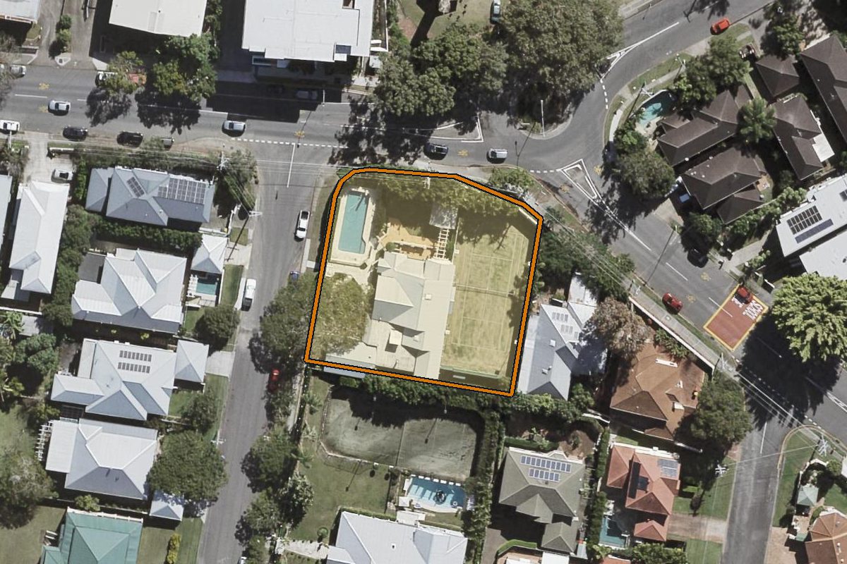 Aerial photo of 16 Kew Street, Indooroopilly QLD 4068 with the lot boundary outlined in amber