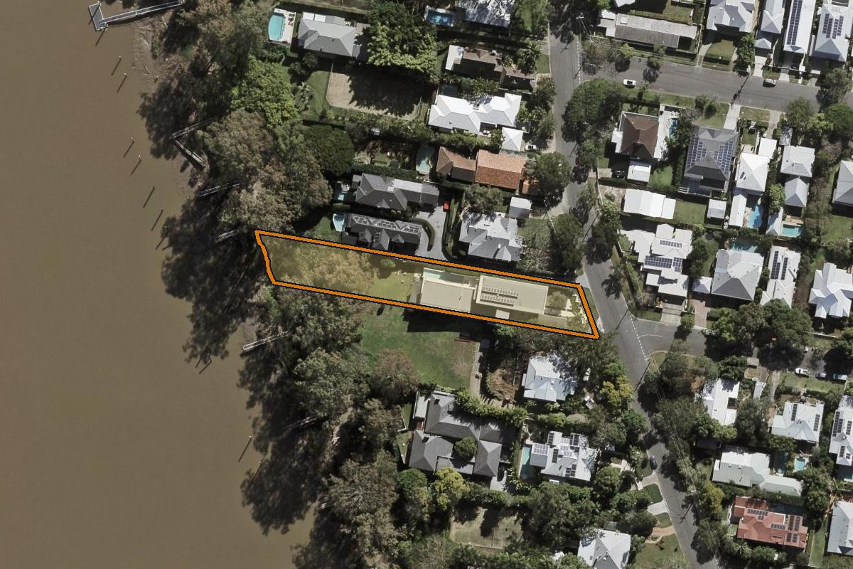 Aerial photo of 165 Laurel Avenue, Chelmer QLD 4068 with the lot boundary outlined in amber