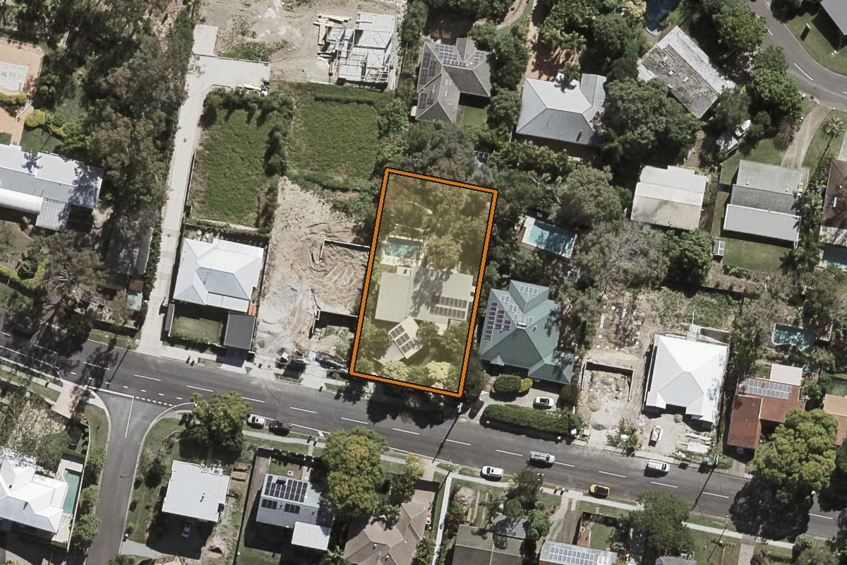 Aerial photo of 17 Gem Road, Kenmore QLD 4069 with the lot boundary outlined in amber