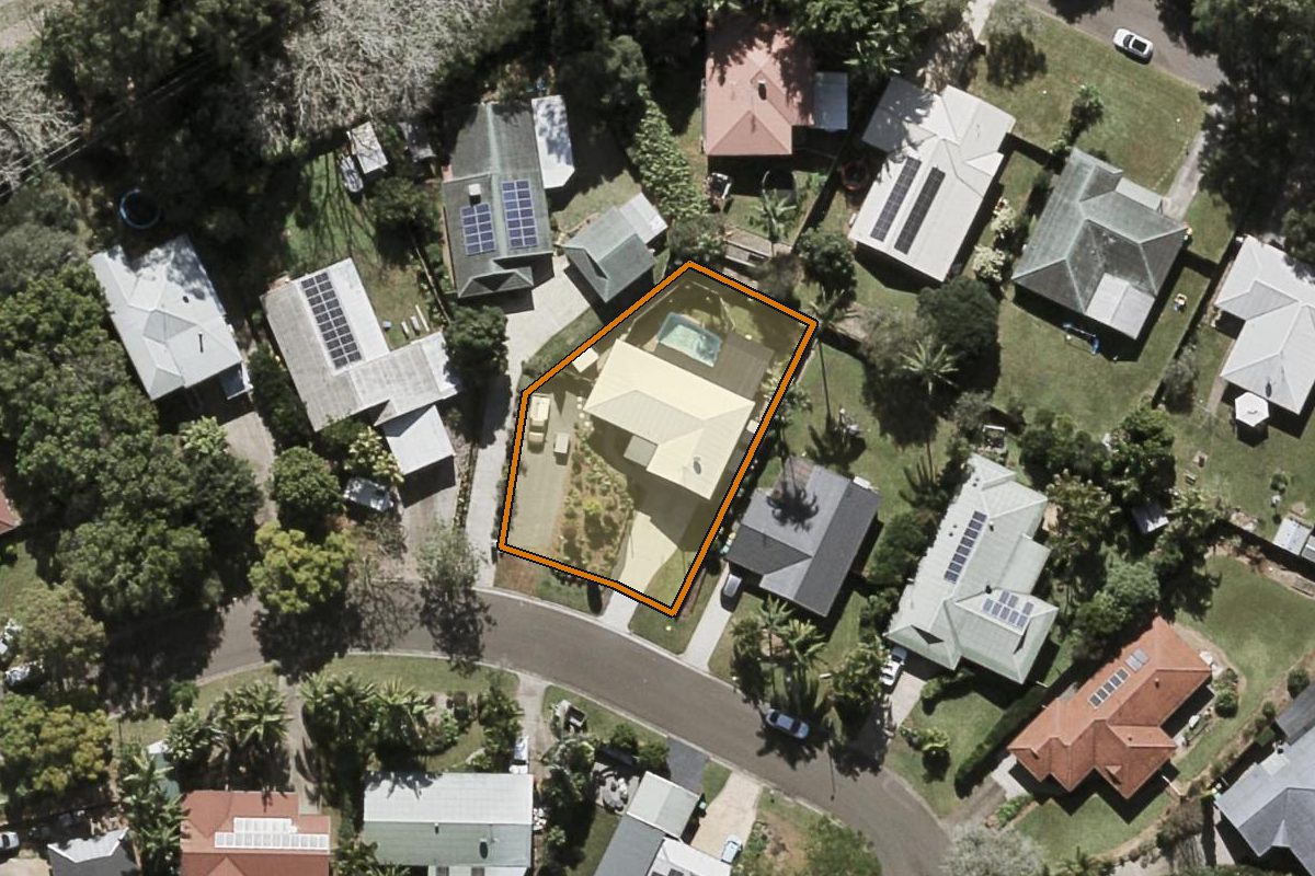 Aerial photo of 17 Greenlees Court, Palmwoods QLD 4555 with the lot boundary outlined in amber