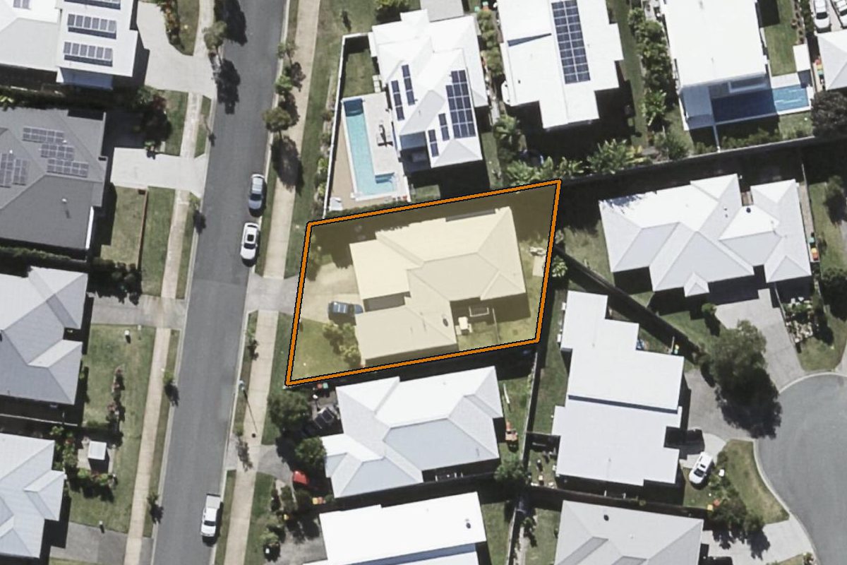 Aerial photo of 17 Starling Crescent, Peregian Springs QLD 4573 with the lot boundary outlined in amber