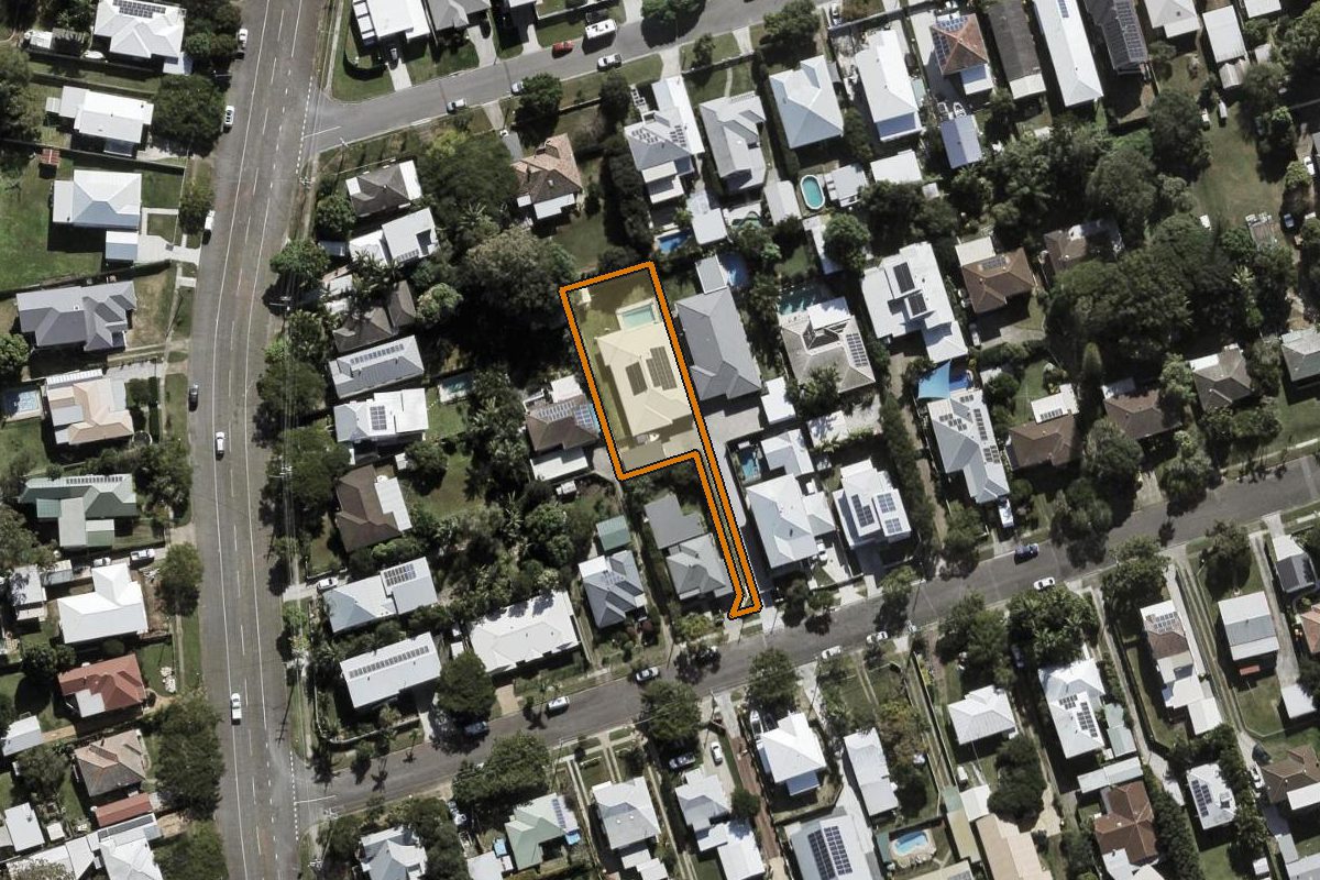 Aerial photo of 179A Prospect Street, Wynnum QLD 4178 with the lot boundary outlined in amber