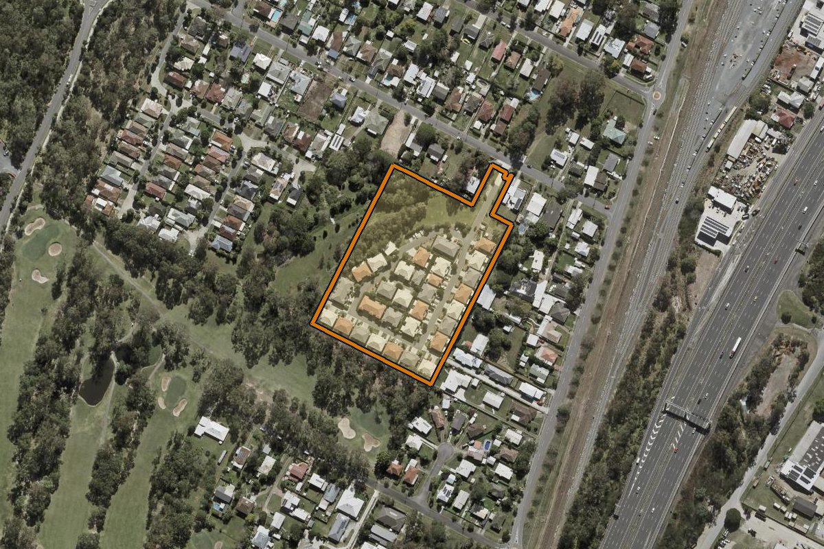 Aerial photo of 18A Wilga Street, Wacol QLD 4076 with the lot boundary outlined in amber