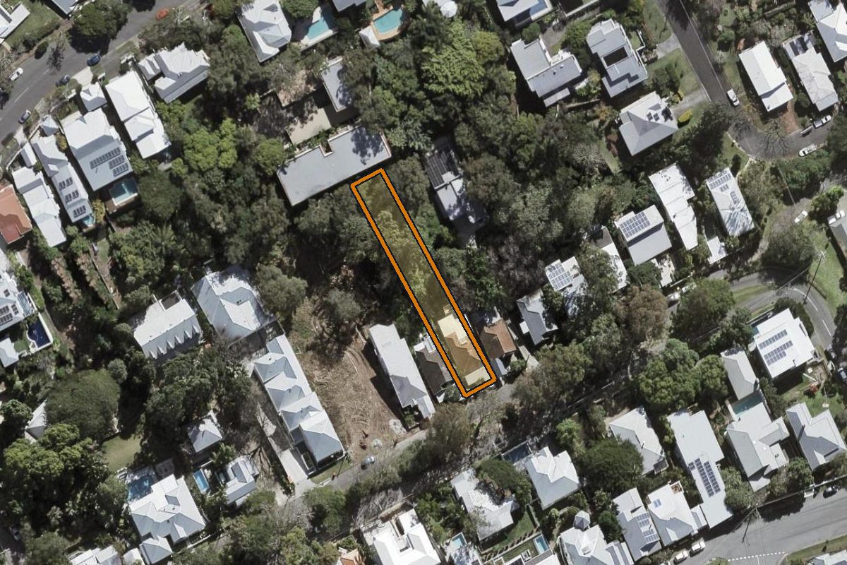 Aerial photo of 19 Ozanne Street, Paddington QLD 4064 with the lot boundary outlined in amber