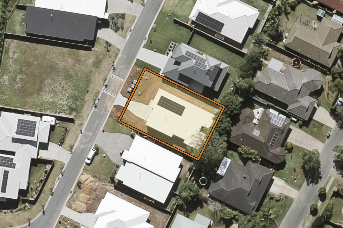 Aerial photo of 19 Stapleton Court, Palmwoods QLD 4555 with the lot boundary outlined in amber