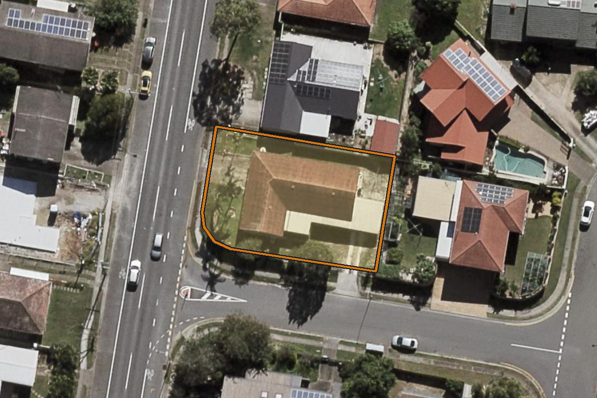 Aerial photo of 2 Aesop Street, Coopers Plains QLD 4109 with the lot boundary outlined in amber