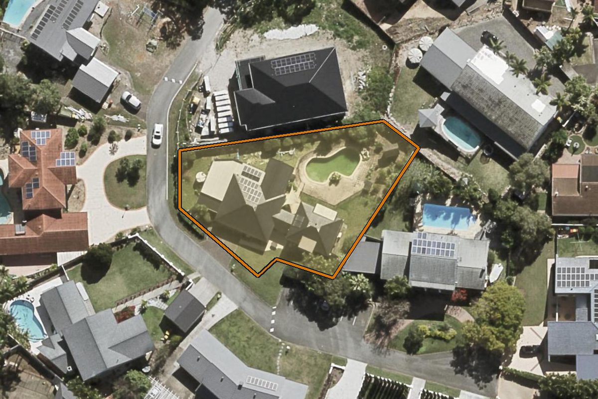 Aerial photo of 2 Wills Court, Mount Ommaney QLD 4074 with the lot boundary outlined in amber