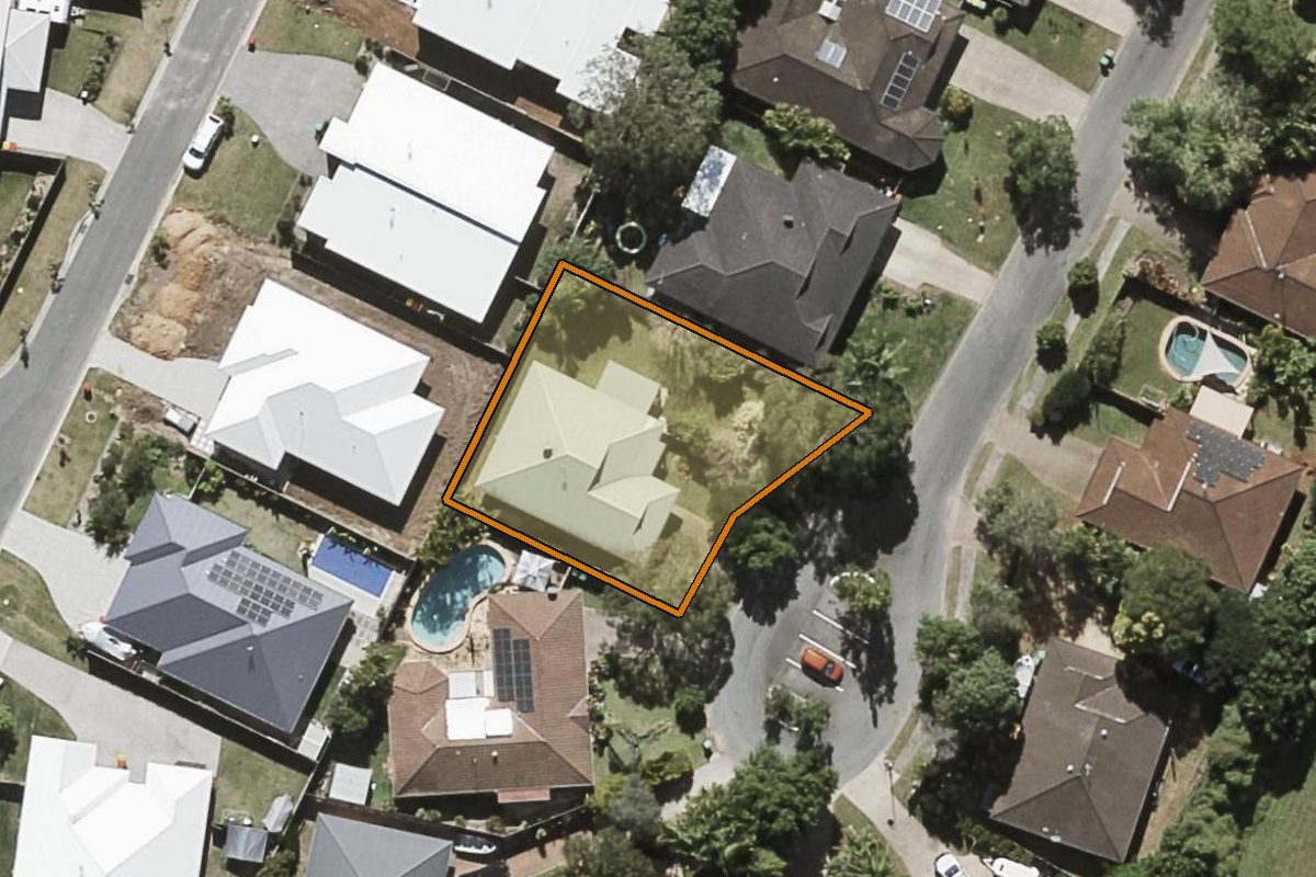 Aerial photo of 20 Starkey Street, Palmwoods QLD 4555 with the lot boundary outlined in amber