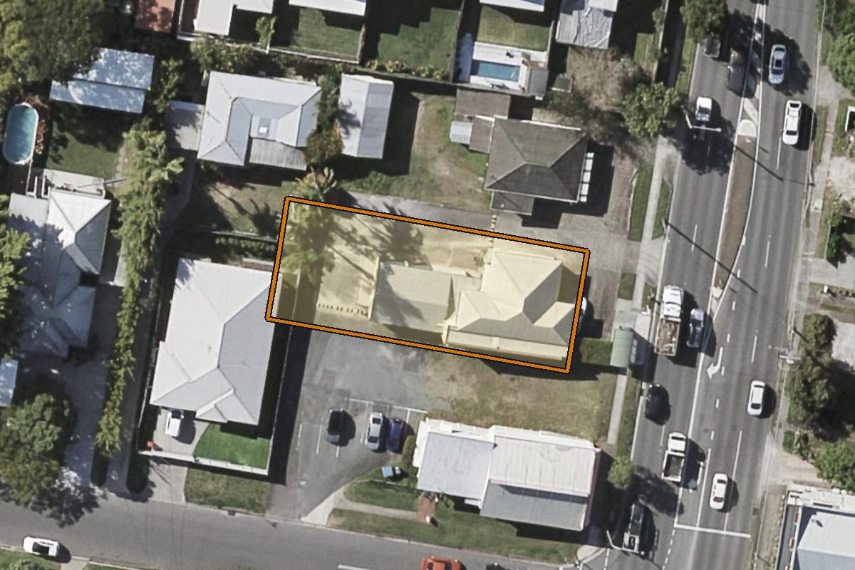 Aerial photo of 206 Wardell Street, Enoggera QLD 4051 with the lot boundary outlined in amber