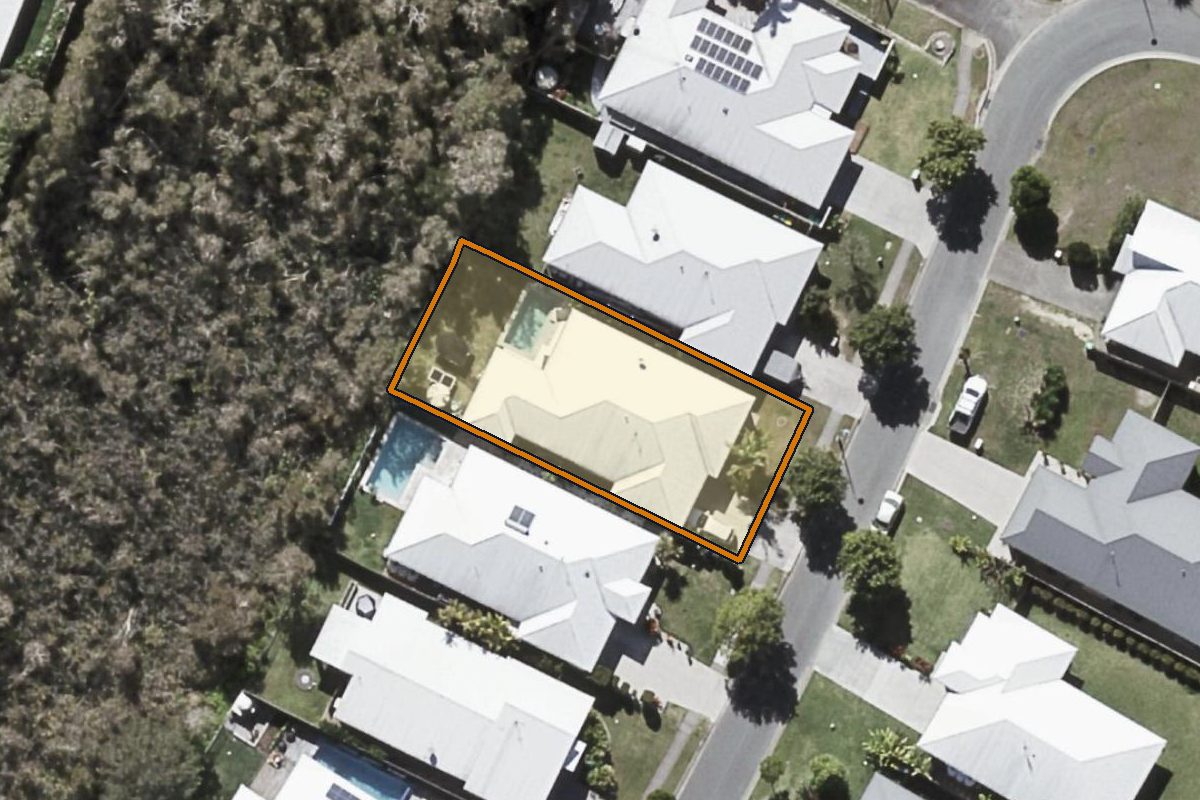 Aerial photo of 21 Gainsborough Crescent, Peregian Springs QLD 4573 with the lot boundary outlined in amber
