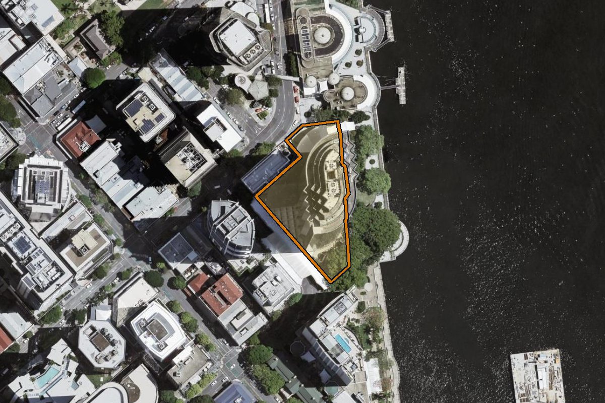 Aerial photo of 222 Margaret Street, Brisbane City QLD 4000 with the lot boundary outlined in amber