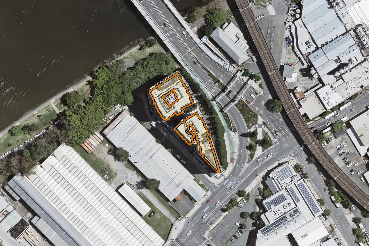 Aerial photo of 23 Bouquet Street, South Brisbane QLD 4101 with the lot boundary outlined in amber