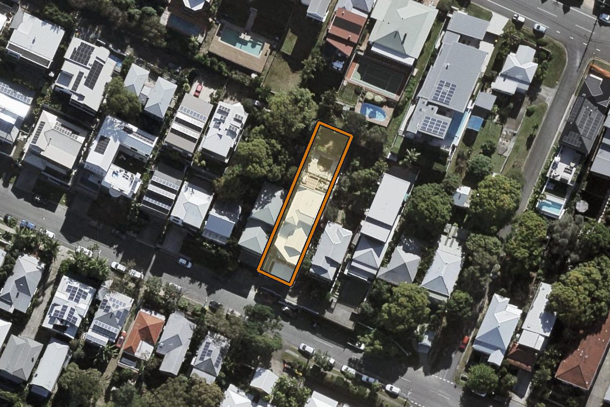 Aerial photo of 23 Plunkett Street, Paddington QLD 4064 with the lot boundary outlined in amber
