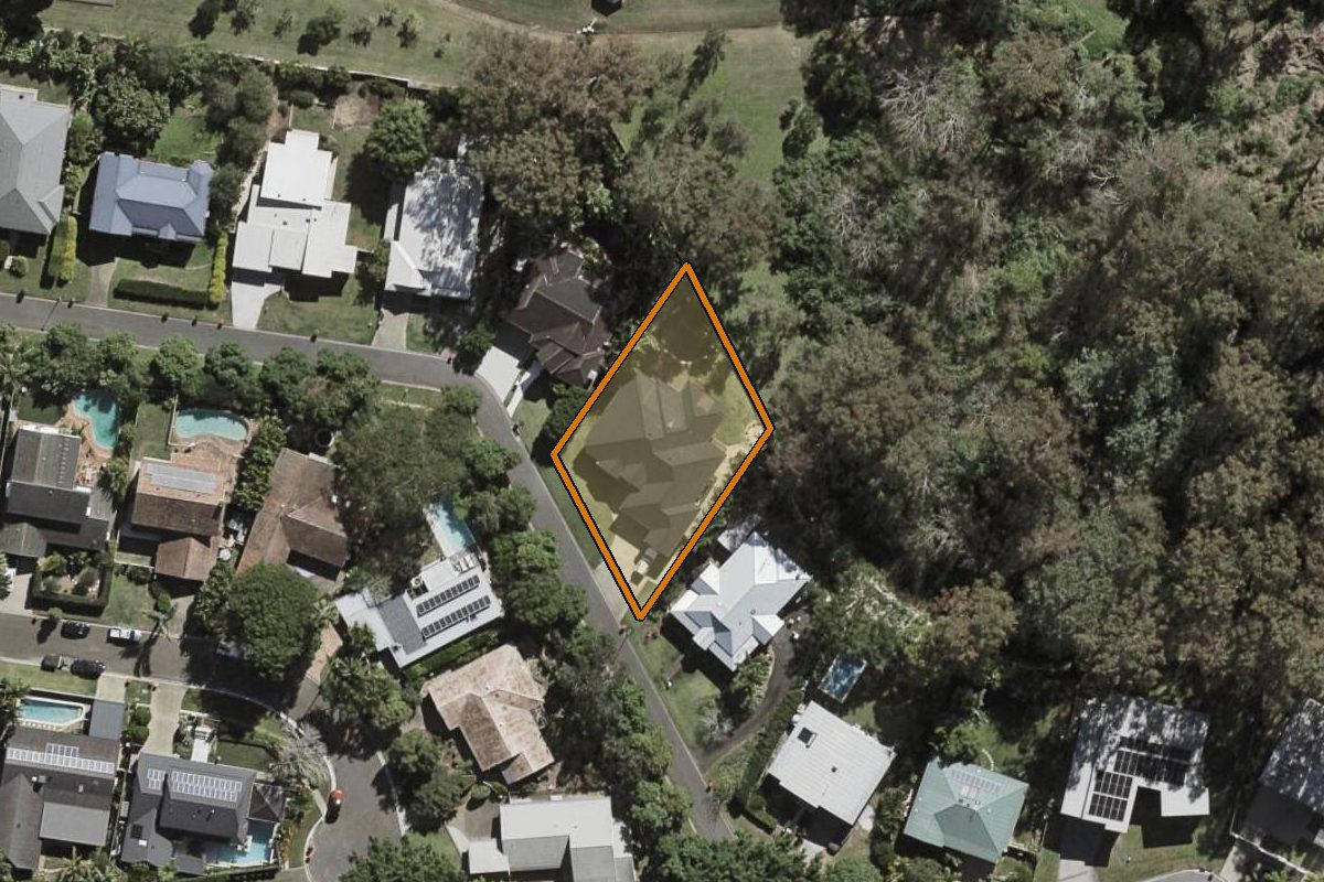 Aerial photo of 24 Kingfisher Place, Kenmore QLD 4069 with the lot boundary outlined in amber
