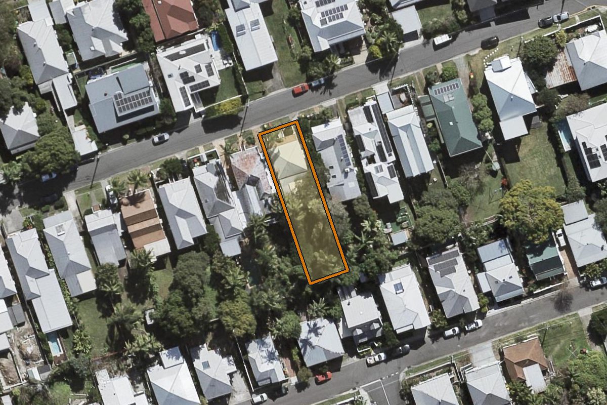 Aerial photo of 25 Little Street, Kelvin Grove QLD 4059 with the lot boundary outlined in amber