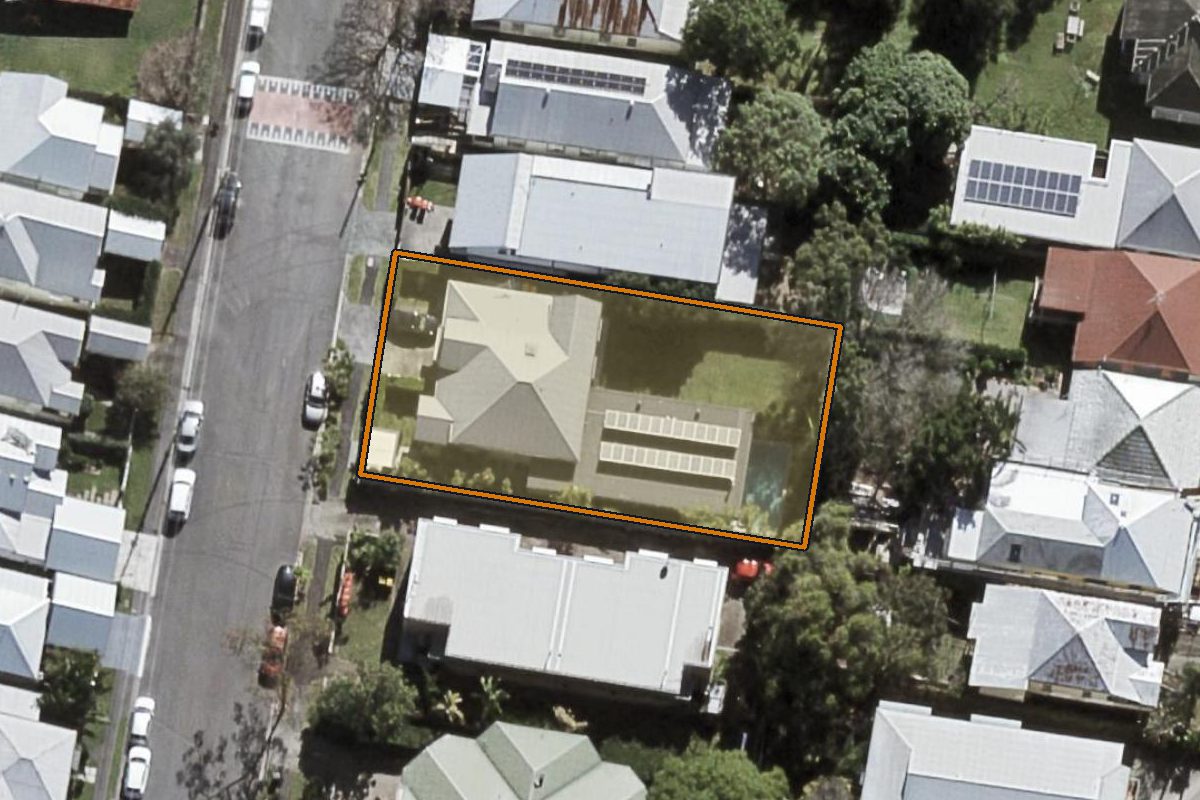 Aerial photo of 25 Stafford Street, Paddington QLD 4064 with the lot boundary outlined in amber