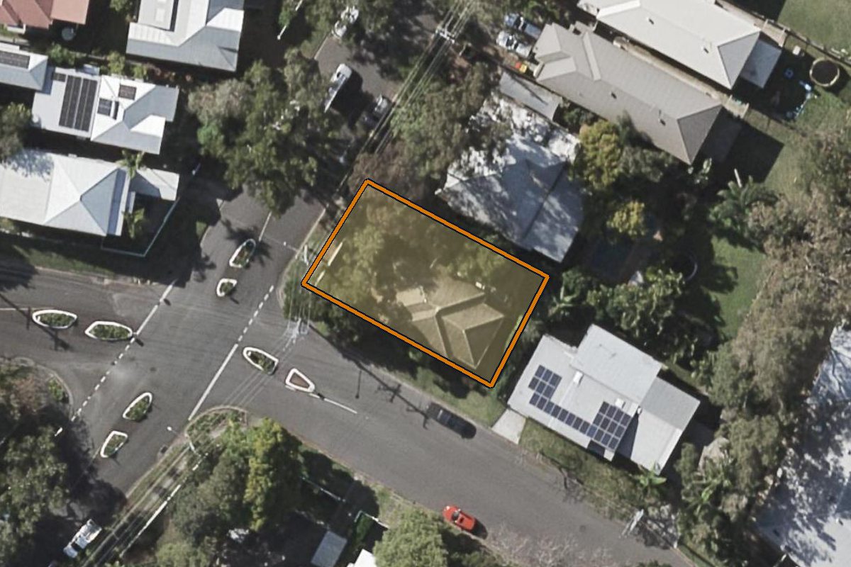 Aerial photo of 26 Ardentallen Road, Enoggera QLD 4051 with the lot boundary outlined in amber