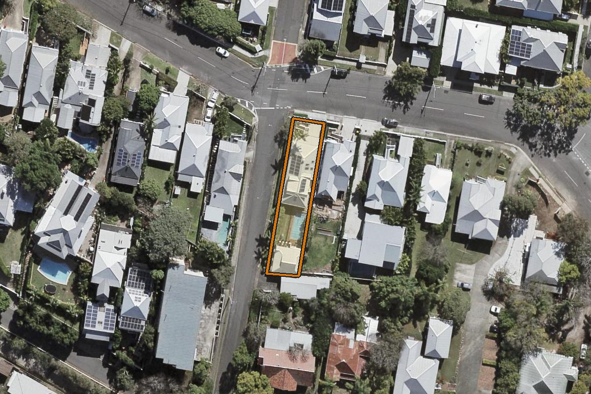 Aerial photo of 26 Morley Street, Toowong QLD 4066 with the lot boundary outlined in amber