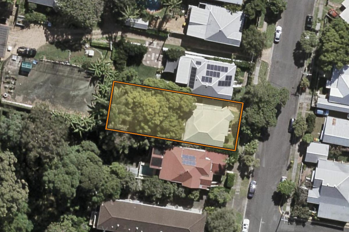 Aerial photo of 26 Norwood Street, Toowong QLD 4066 with the lot boundary outlined in amber