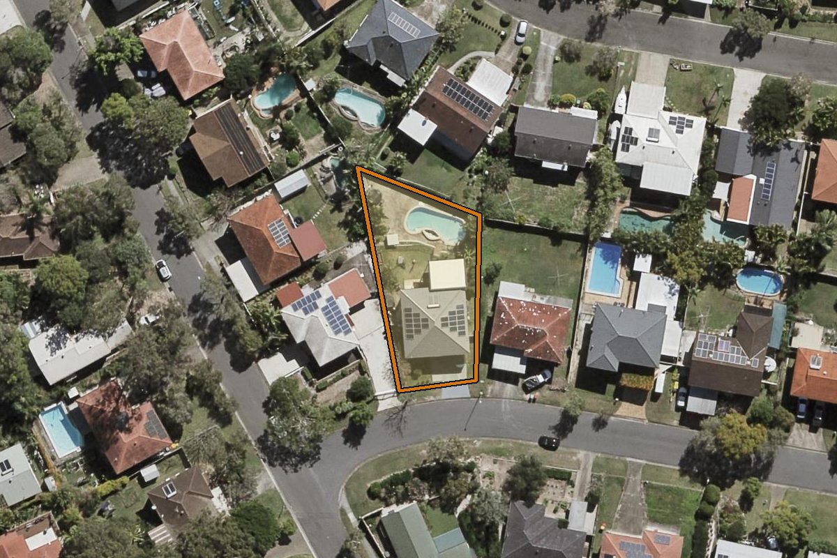 Aerial photo of 3 Ebrill Street, Jamboree Heights QLD 4074 with the lot boundary outlined in amber