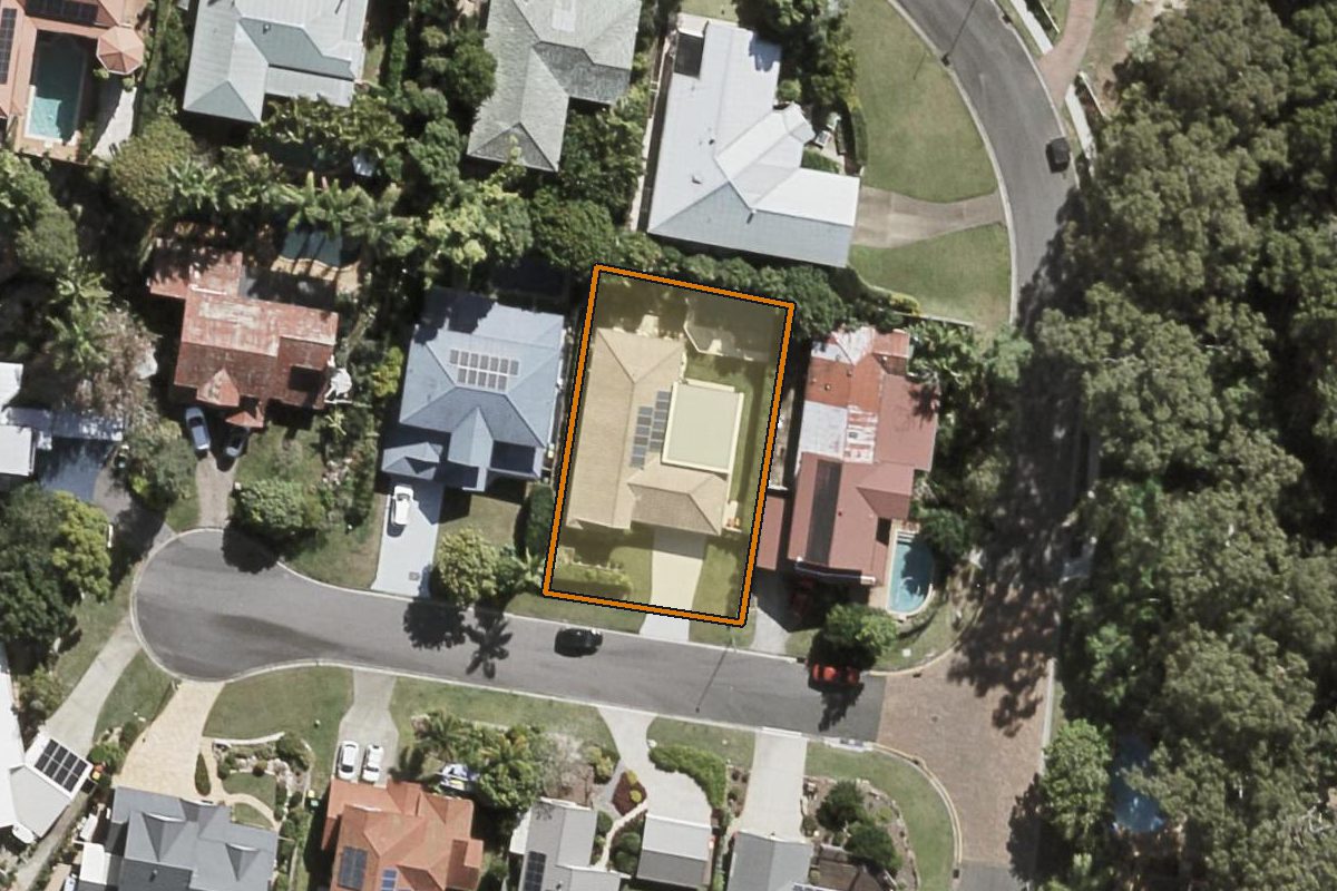 Aerial photo of 3 Juniper Close, Chapel Hill QLD 4069 with the lot boundary outlined in amber