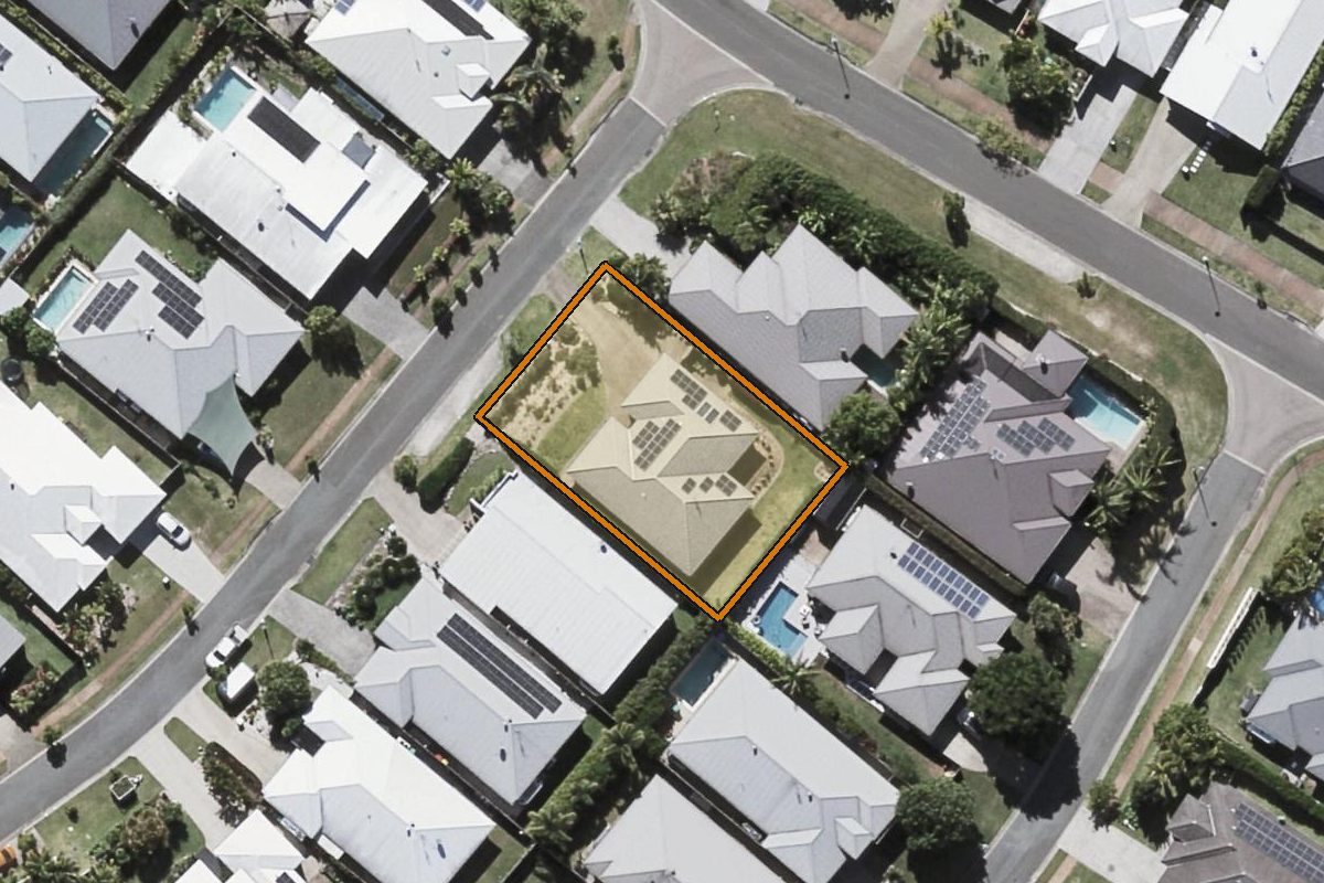 Aerial photo of 3 Maidstone Crescent, Peregian Springs QLD 4573 with the lot boundary outlined in amber