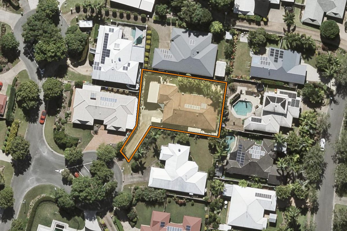Aerial photo of 3 Woods Court, Palmwoods QLD 4555 with the lot boundary outlined in amber