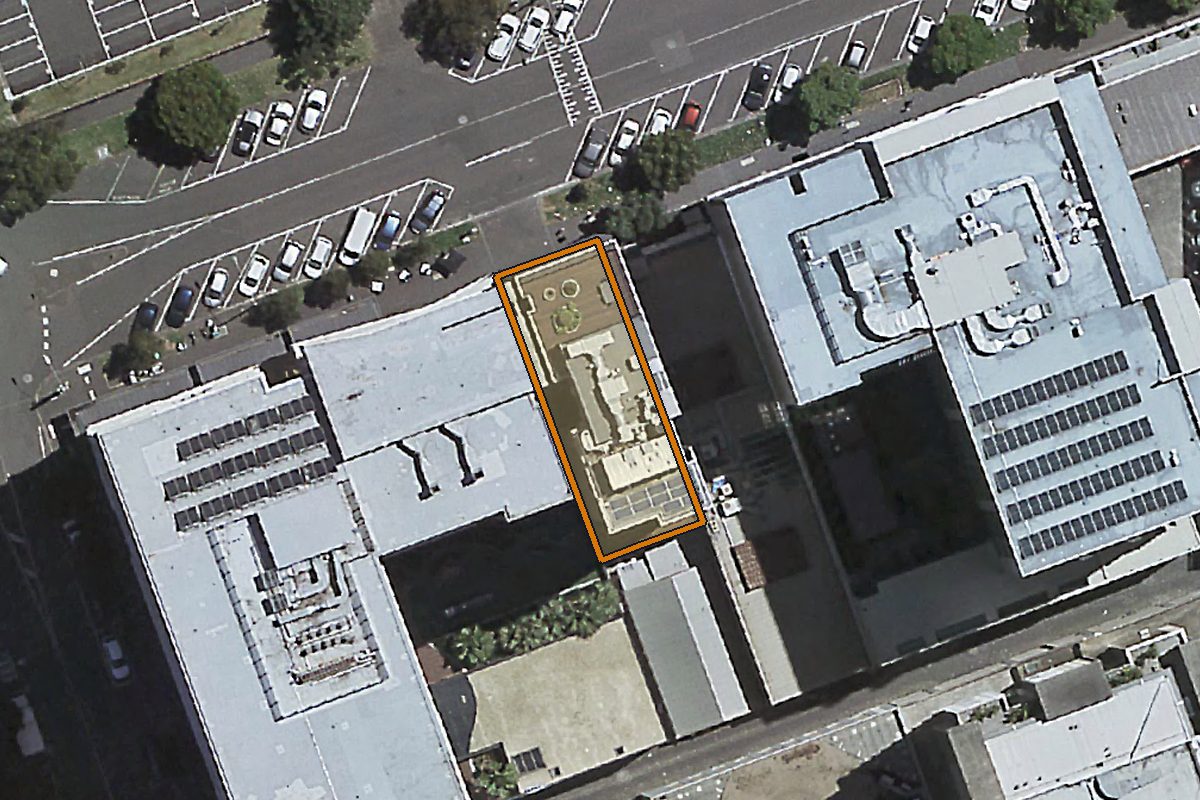 Aerial photo of 33 Coventry Street, Southbank VIC 3006 with the lot boundary outlined in amber
