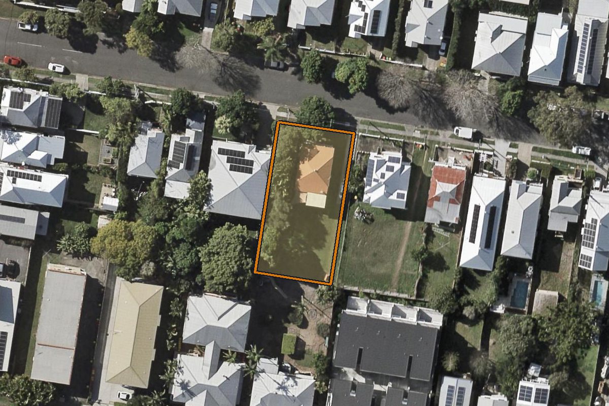 Aerial photo of 34 Bale Street, Albion QLD 4010 with the lot boundary outlined in amber