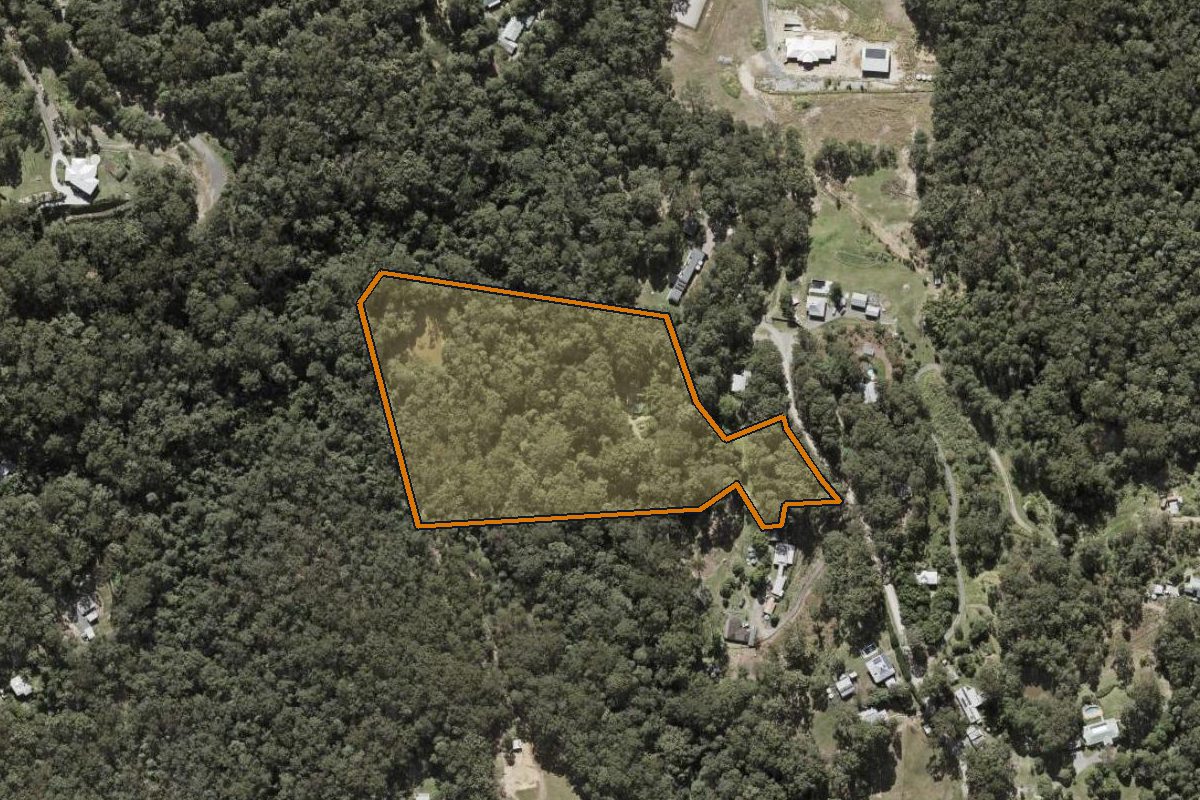 Aerial photo of 34 Boughens Road, Ilkley QLD 4554 with the lot boundary outlined in amber