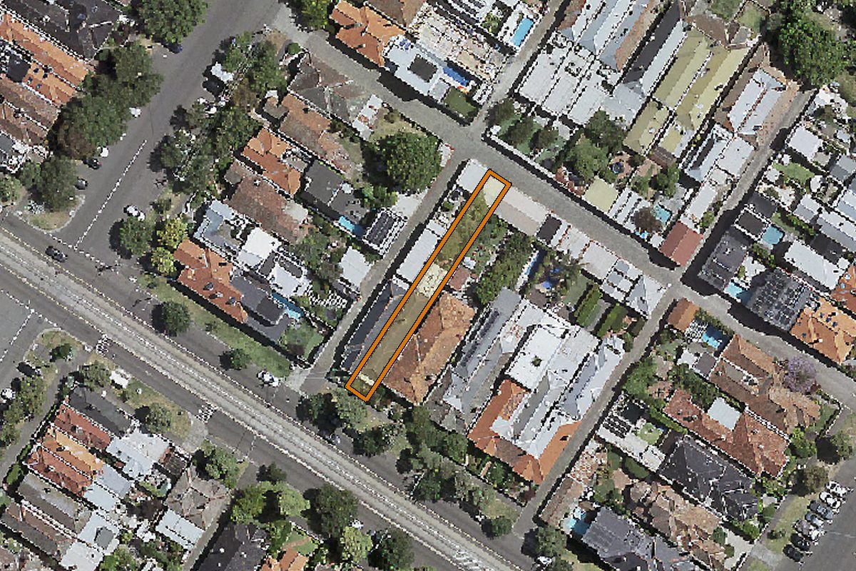 Aerial photo of 349 Danks Street, Middle Park VIC 3206 with the lot boundary outlined in amber
