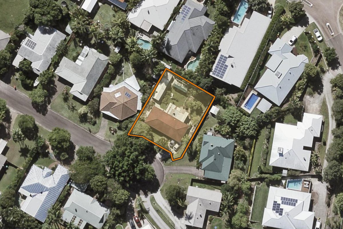 Aerial photo of 35 Mount Ninderry Court, Coolum Beach QLD 4573 with the lot boundary outlined in amber