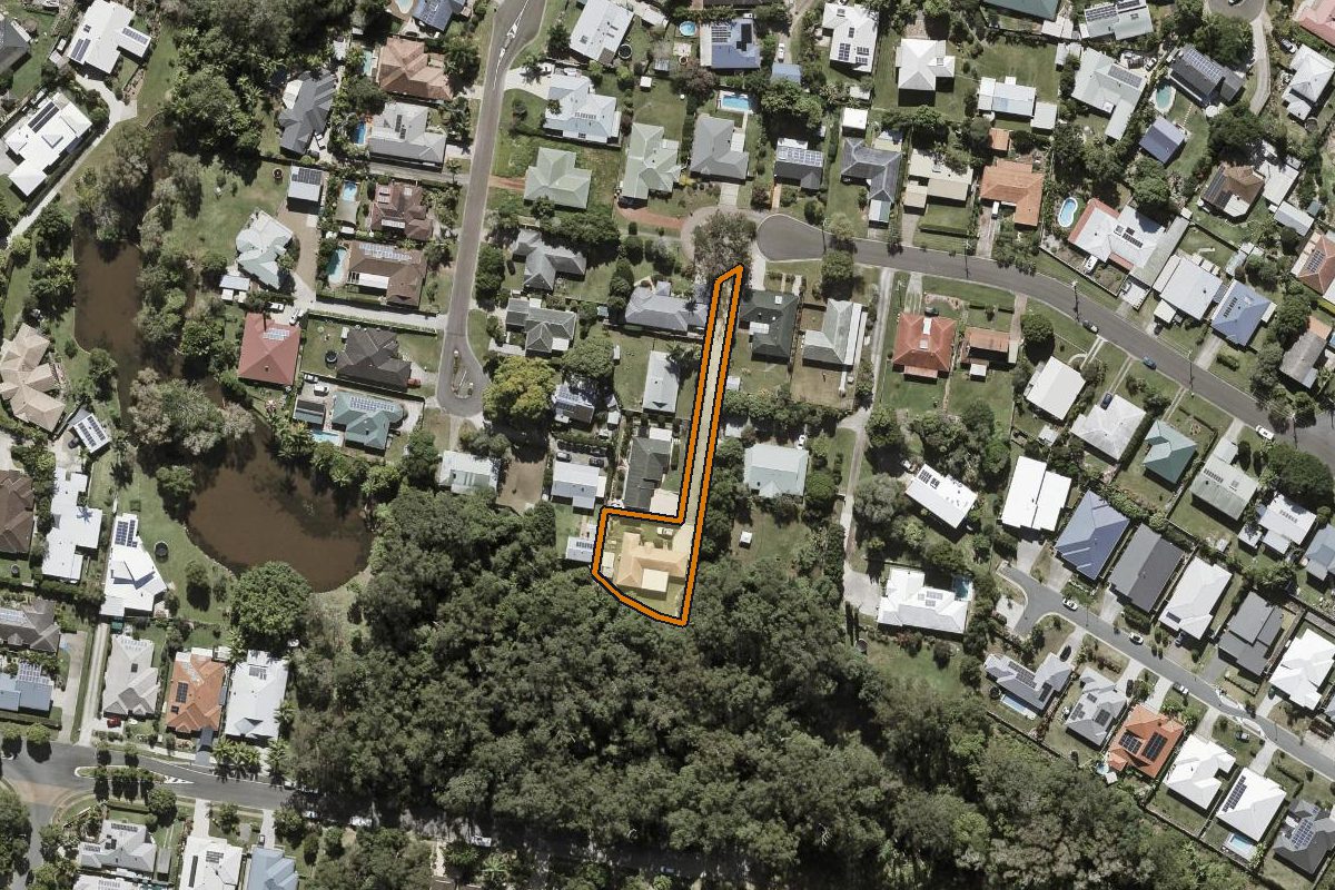 Aerial photo of 35 Stanley Street, Palmwoods QLD 4555 with the lot boundary outlined in amber