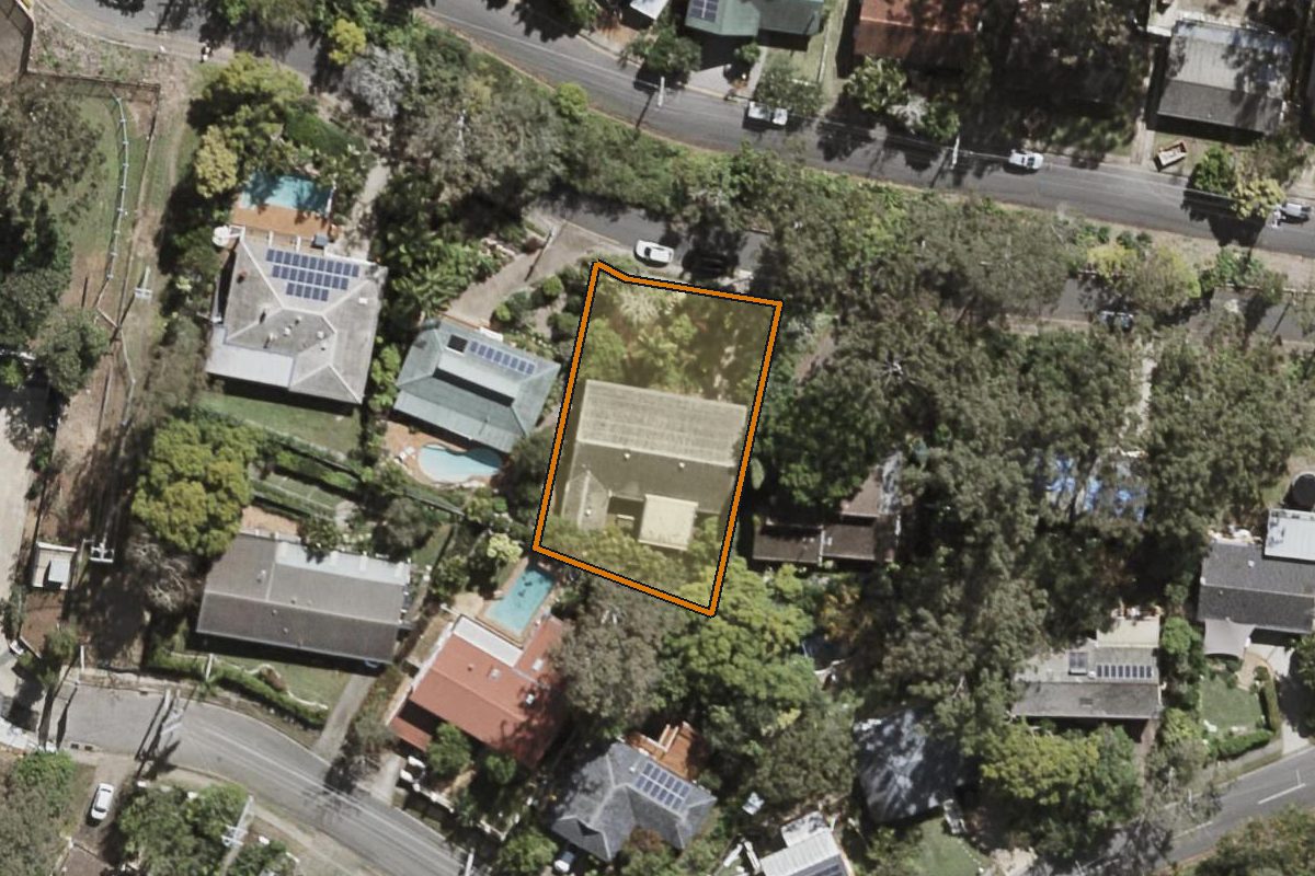 Aerial photo of 36 Mabb Street, Kenmore QLD 4069 with the lot boundary outlined in amber