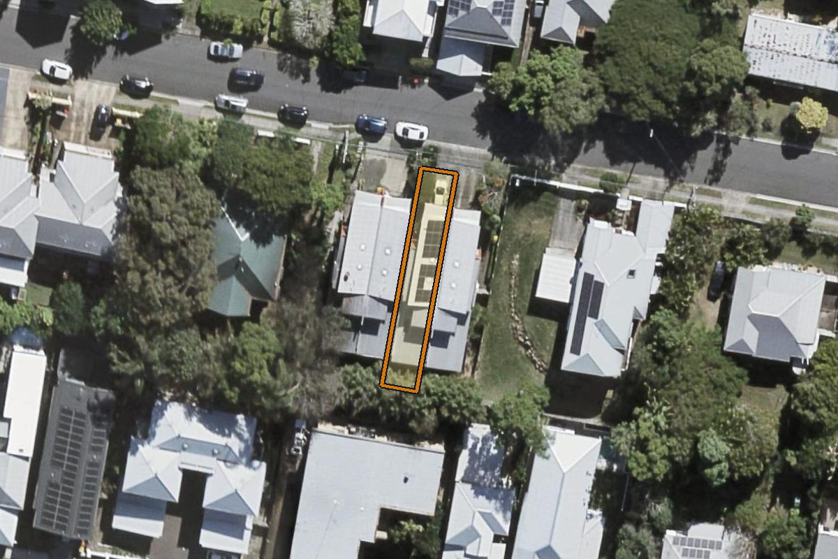 Aerial photo of 38A Terrace Street, Toowong QLD 4066 with the lot boundary outlined in amber