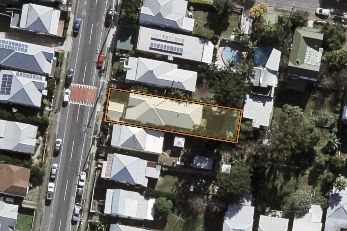Aerial photo of 41 Ellena Street, Paddington QLD 4064 with the lot boundary outlined in amber