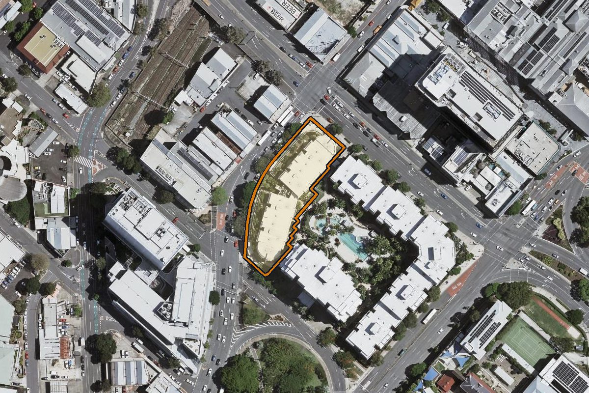 Aerial photo of 41 Gotha Street, Fortitude Valley QLD 4006 with the lot boundary outlined in amber