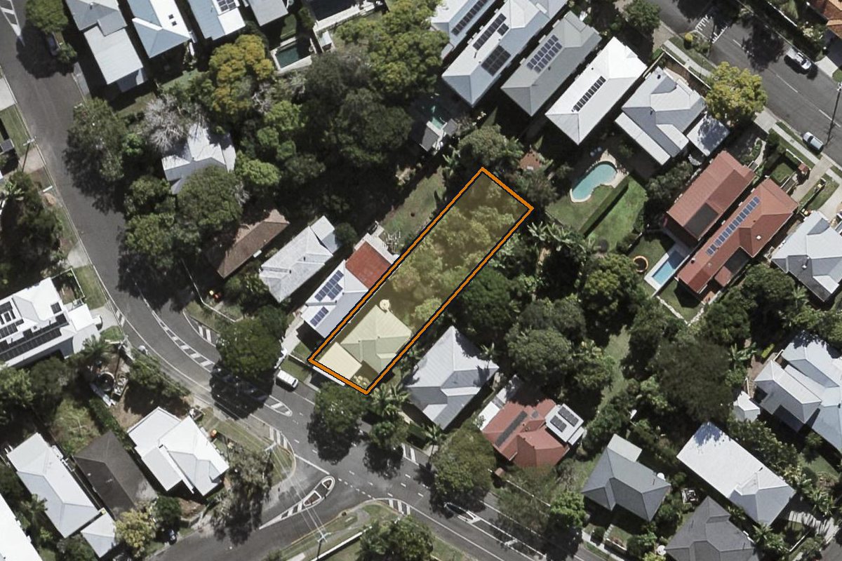 Aerial photo of 41 Moulton Street, Ashgrove QLD 4060 with the lot boundary outlined in amber