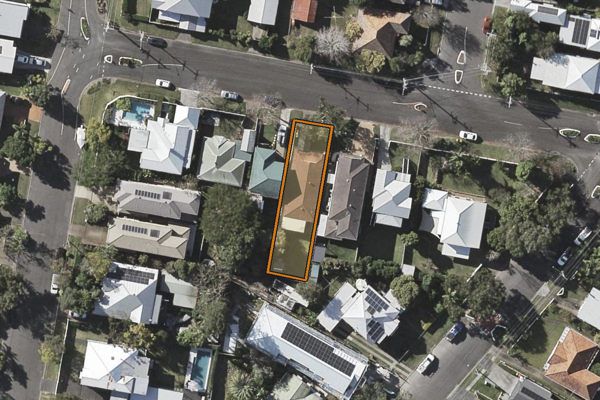 Aerial photo of 42 Audrey Street, Enoggera QLD 4051 with the lot boundary outlined in amber