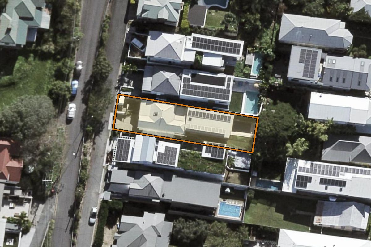 Aerial photo of 43 Wilden Street, Paddington QLD 4064 with the lot boundary outlined in amber