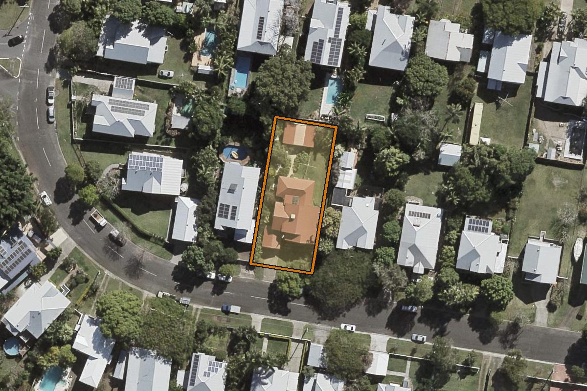 Aerial photo of 46 Delville Avenue, Moorooka QLD 4105 with the lot boundary outlined in amber