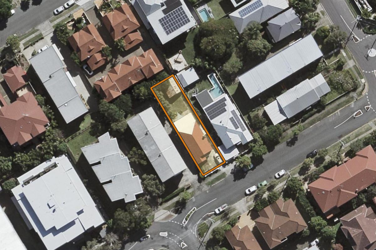 Aerial photo of 48 Eighth Avenue, Coorparoo QLD 4151 with the lot boundary outlined in amber
