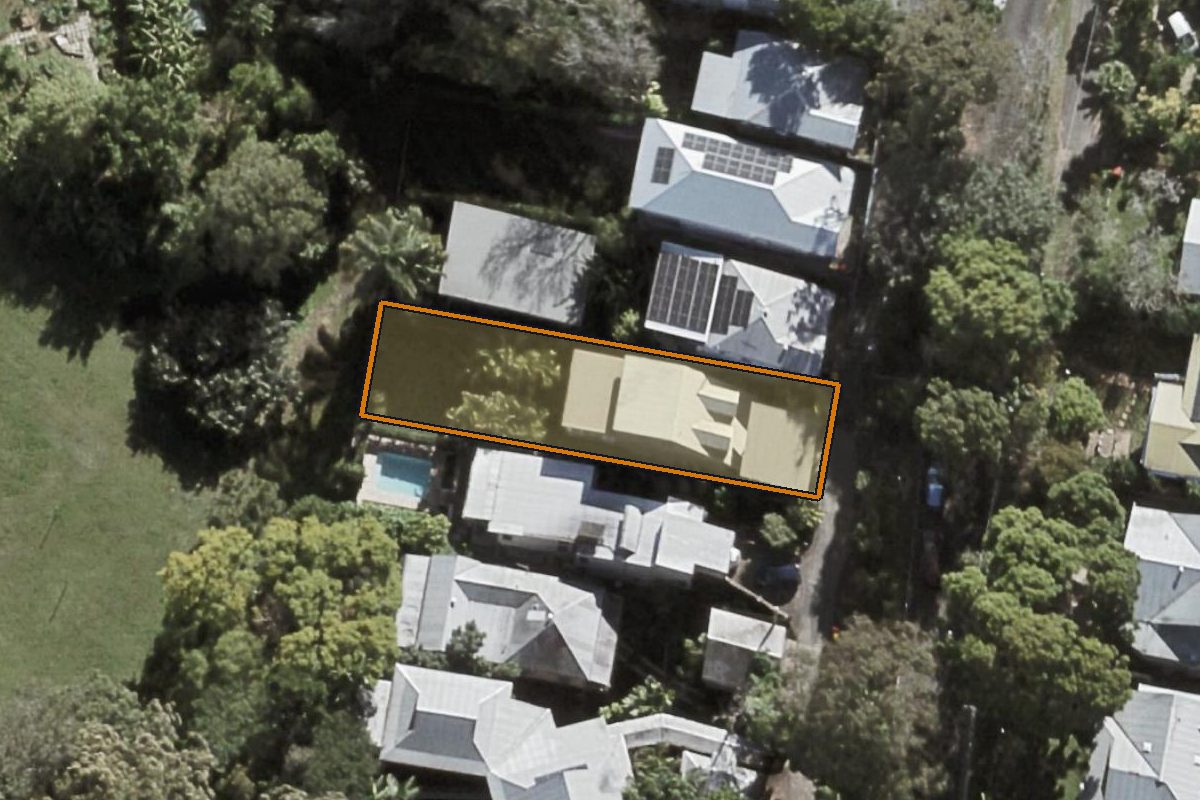 Aerial photo of 49 Fewings Street, Toowong QLD 4066 with the lot boundary outlined in amber